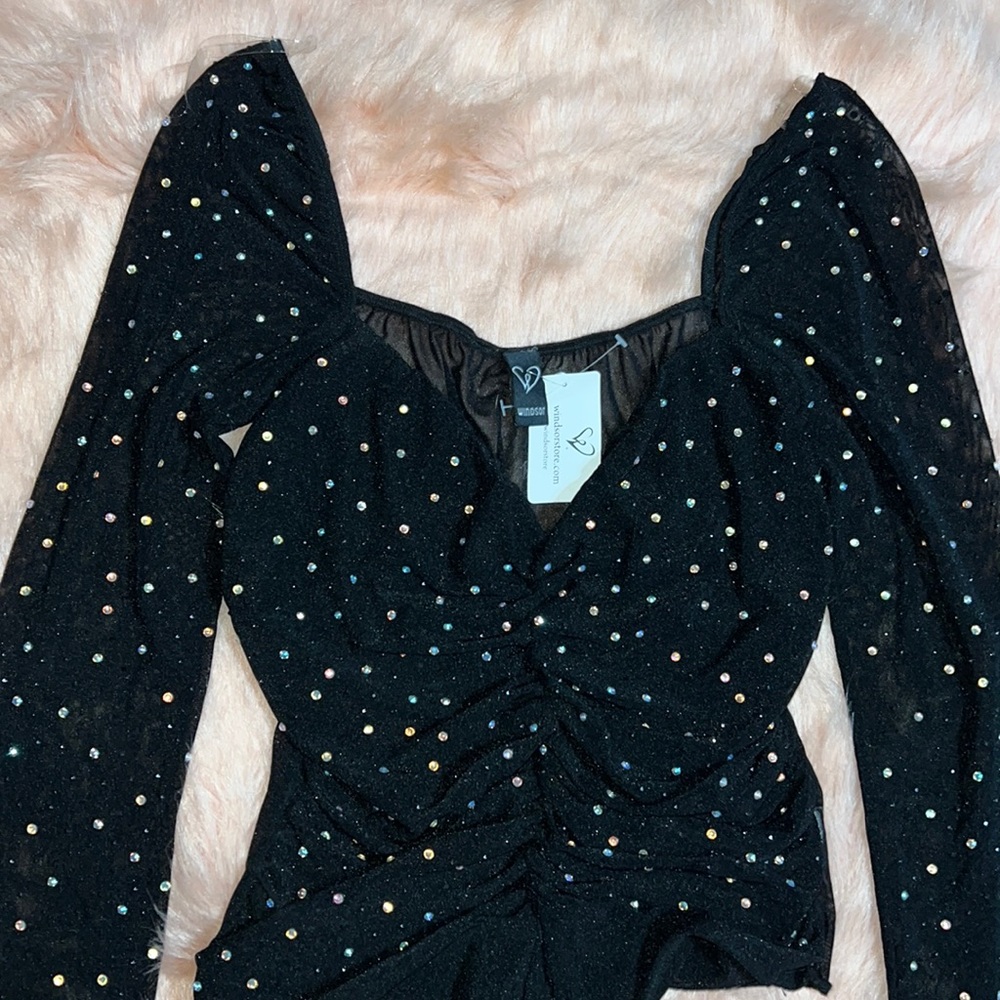 Windsor Black Long-Sleeve Rhinestone Ruched Bodysuit - Picture 3 of 7